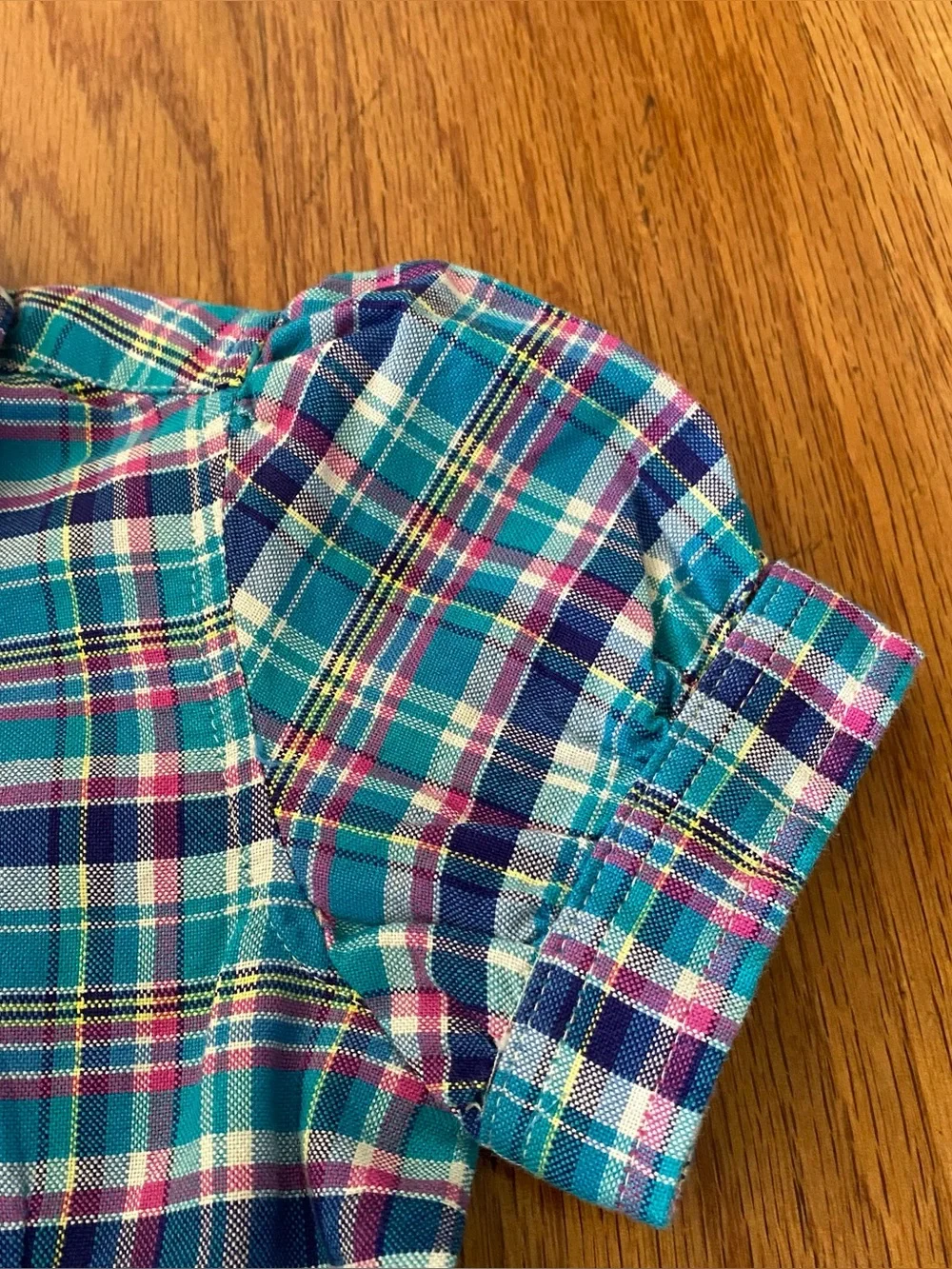 Ralph Lauren Blue Teal Pink Plaid Cotton Peplum  Shirt